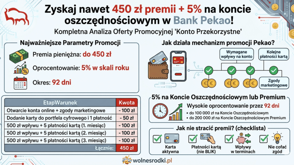 Konto Przekorzystne w Pekao – nawet 450 zł premii + 5% na koncie oszczędnościowym